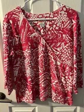 Ruby Rd. Red and White Abstract Wrap-Style Long Sleeve Top